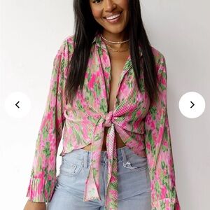 Tie-Front Floral Button-Up Blouse in Pink & Green